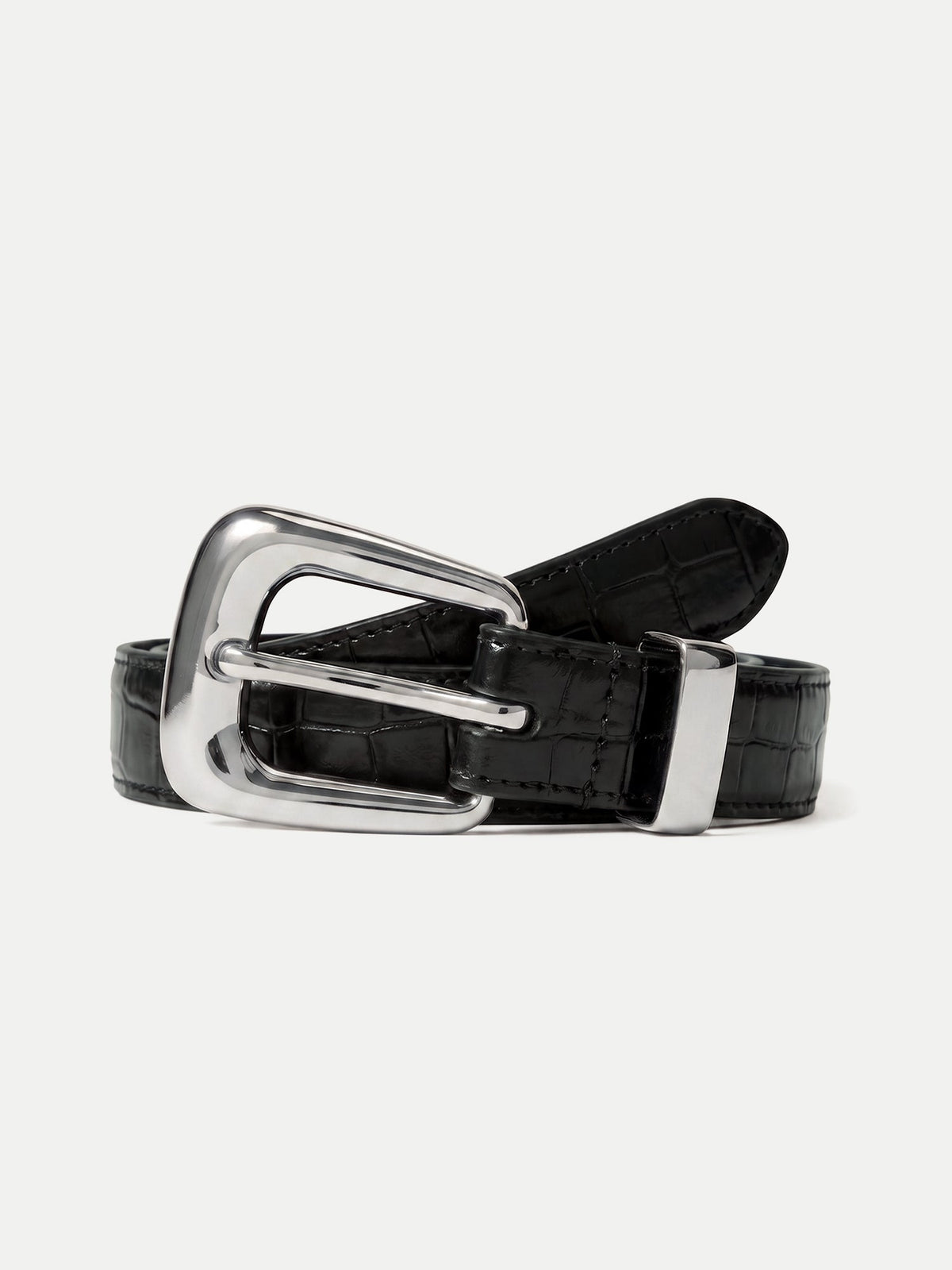 Veronica Beard | Slim Croc-Embossed Arch Belt in Black Black