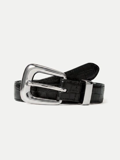 Veronica Beard | Slim Croc-Embossed Arch Belt in Black Black