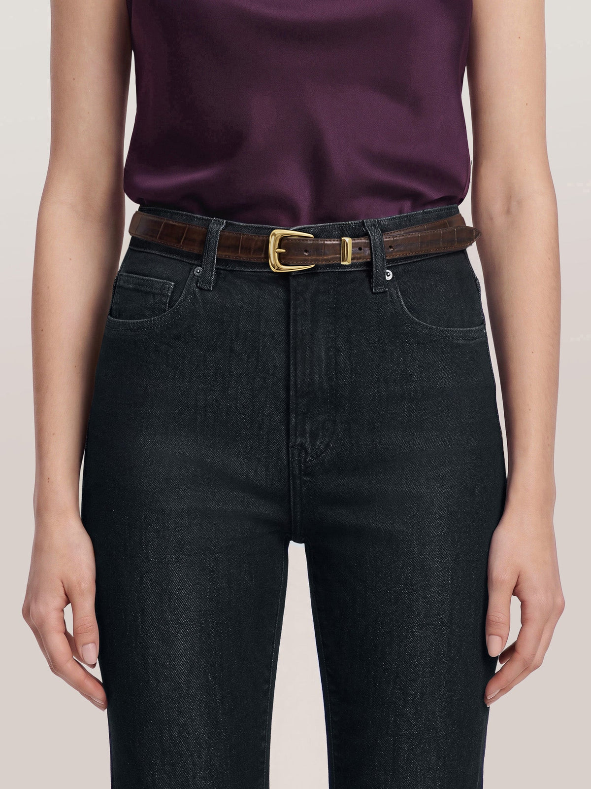 Veronica Beard | Slim Croc-Embossed Arch Belt in Brown Chestnut Chestnut