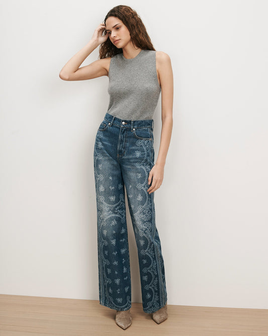 Veronica Beard | Taylor Bandana Print Wide-Leg Jean in Indigo Blue Indigo Bandana Indigo Bandana