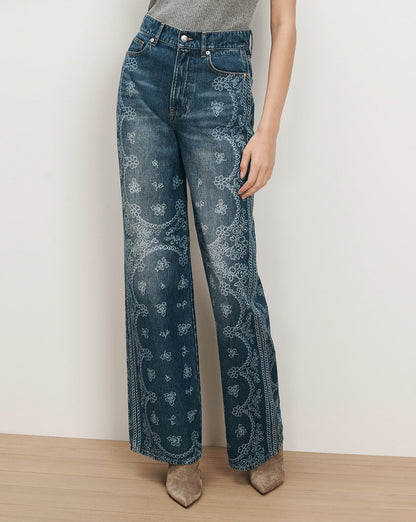 Veronica Beard | Taylor Bandana Print Wide-Leg Jean in Indigo Blue Indigo Bandana Indigo Bandana