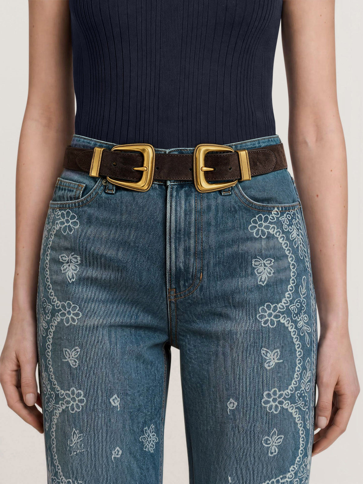Veronica Beard | Double-Buckle Arch Waist Belt in Dark Brown Suede Espresso