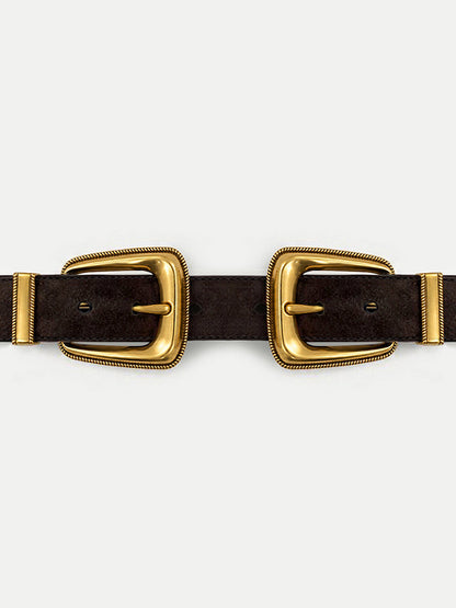 Veronica Beard | Double-Buckle Arch Waist Belt in Dark Brown Suede Espresso