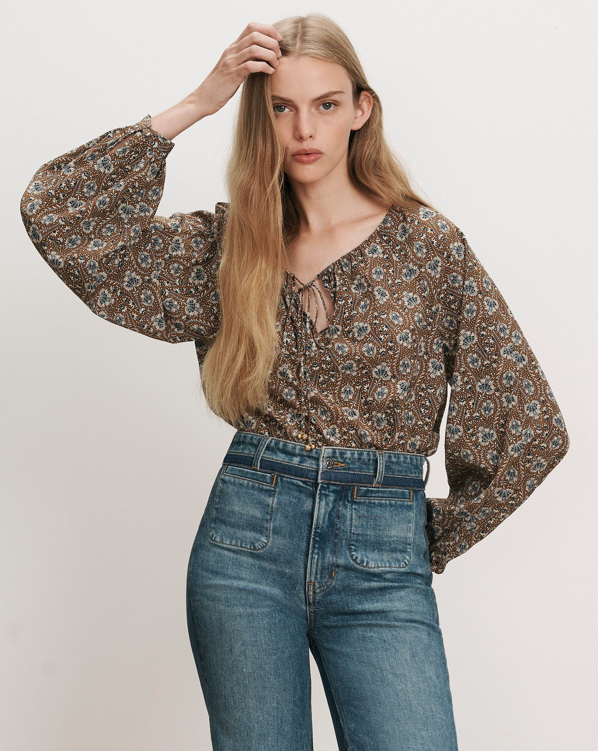 Veronica Beard | Rhosen Boho Floral Blouse in Tan & Blue Acorn Multi Acorn Multi