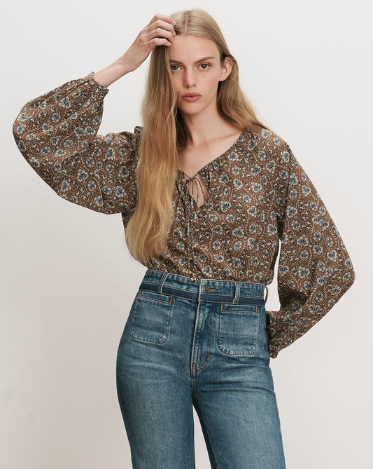 Veronica Beard | Rhosen Boho Floral Blouse in Tan & Blue Acorn Multi Acorn Multi