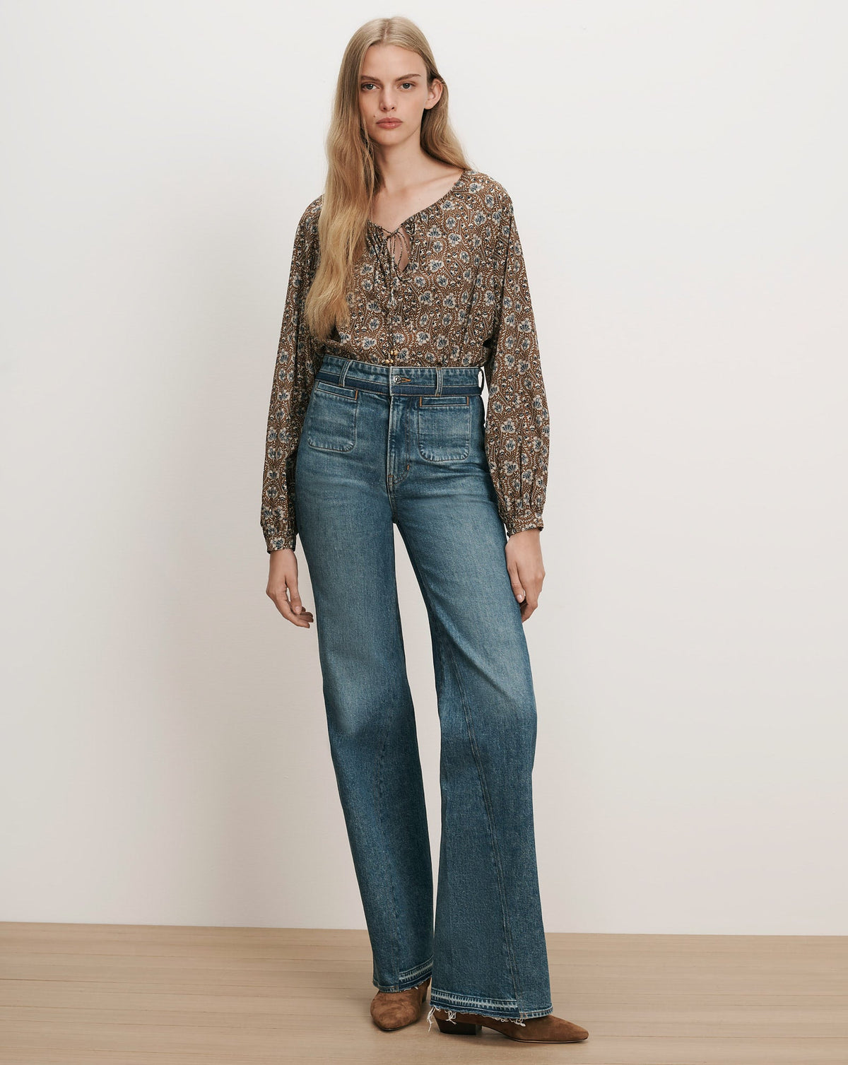 Veronica Beard | Rhosen Boho Floral Blouse in Tan & Blue Acorn Multi Acorn Multi