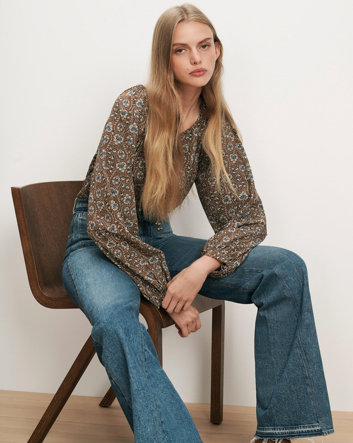 Veronica Beard | Rhosen Boho Floral Blouse in Tan & Blue Acorn Multi Acorn Multi