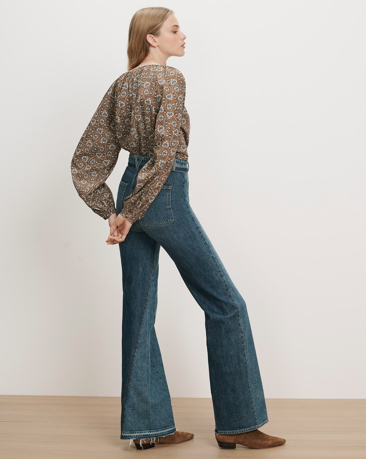 Veronica Beard | Rhosen Boho Floral Blouse in Tan & Blue Acorn Multi Acorn Multi