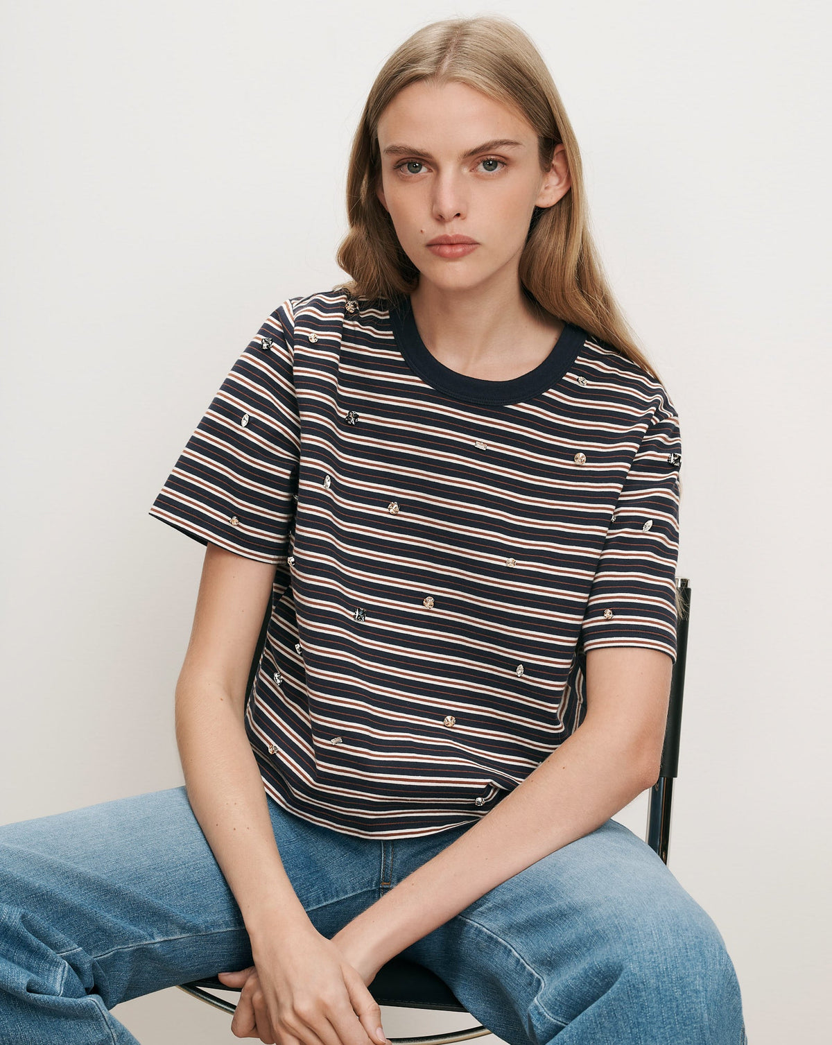 Veronica Beard | Sebastian Boxy Rhinestone T-Shirt in Heritage Navy Stripe Multi Heritage Navy Multi