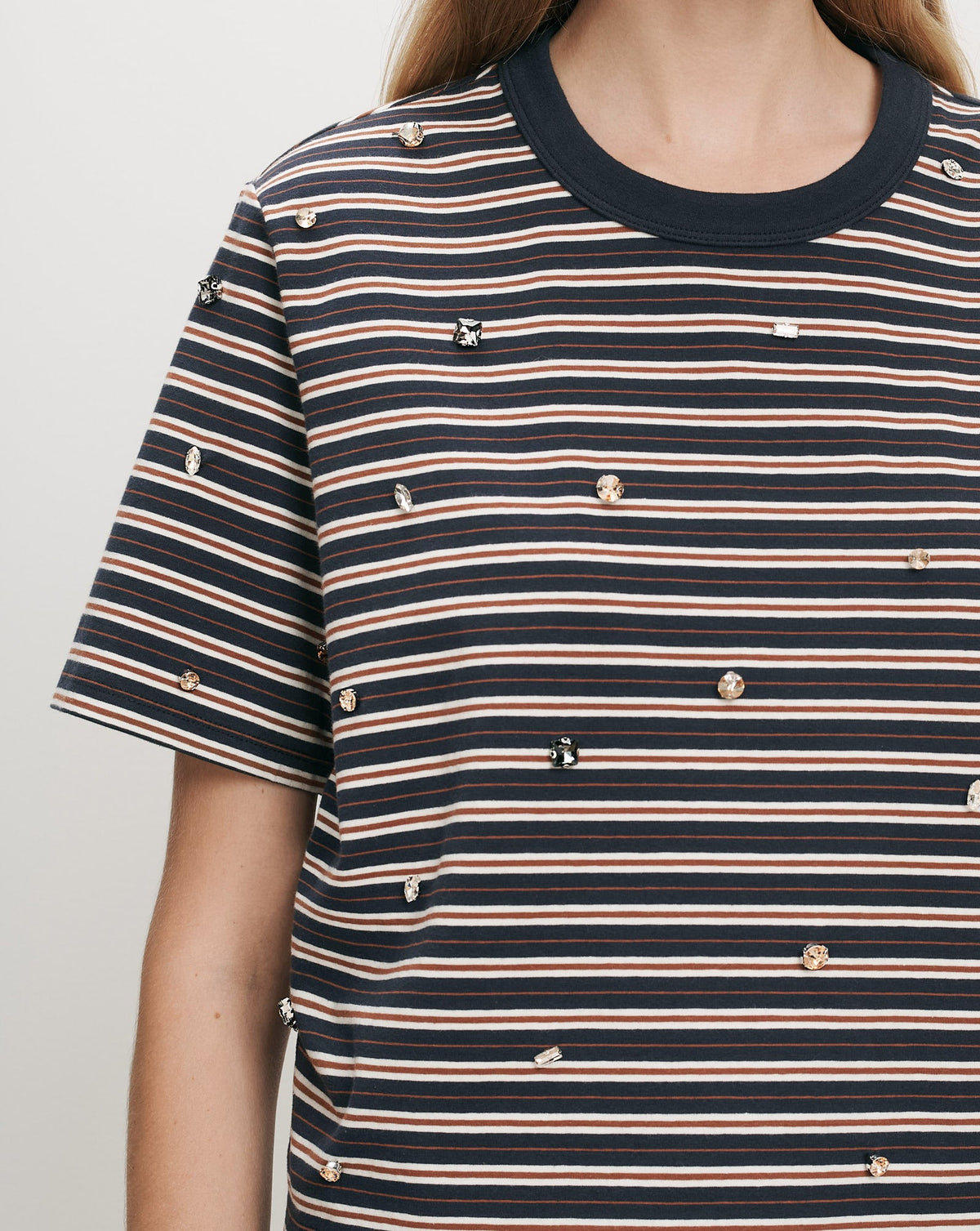 Veronica Beard | Sebastian Boxy Rhinestone T-Shirt in Heritage Navy Stripe Multi Heritage Navy Multi