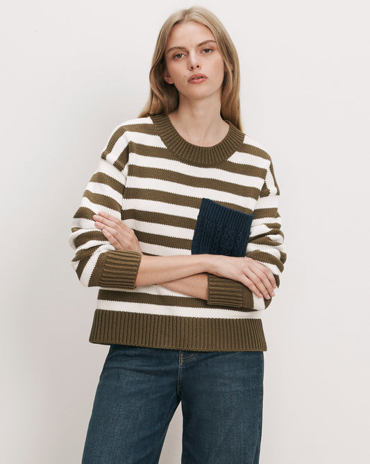 Veronica Beard | Emile Striped Pullover in Military Olive/Dove White/Heritage Navy Military Olive/Dove White/Heritage Navy