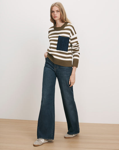Veronica Beard | Emile Striped Pullover in Military Olive/Dove White/Heritage Navy Military Olive/Dove White/Heritage Navy