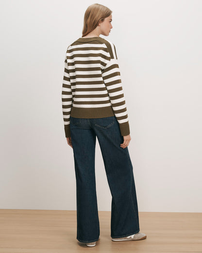 Veronica Beard | Emile Striped Pullover in Military Olive/Dove White/Heritage Navy Military Olive/Dove White/Heritage Navy