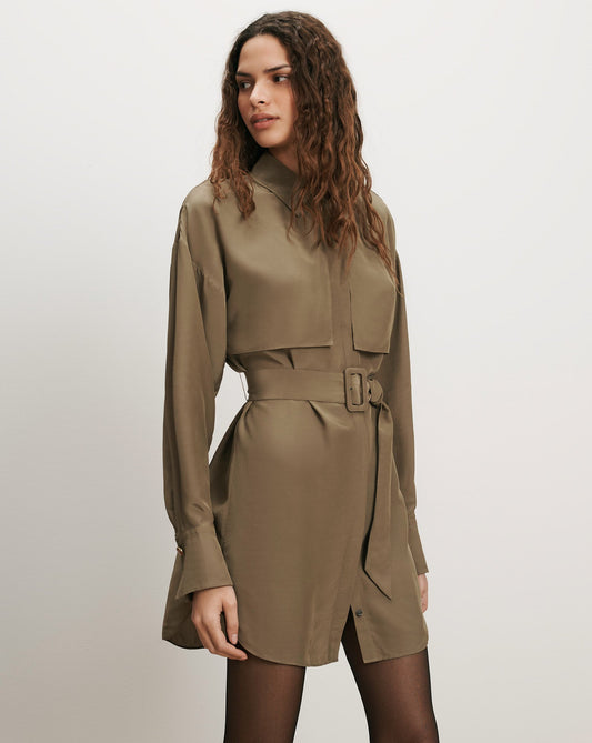 Veronica Beard | Darlis Belted Mini Dress in Pale Olive Green Pale Olive