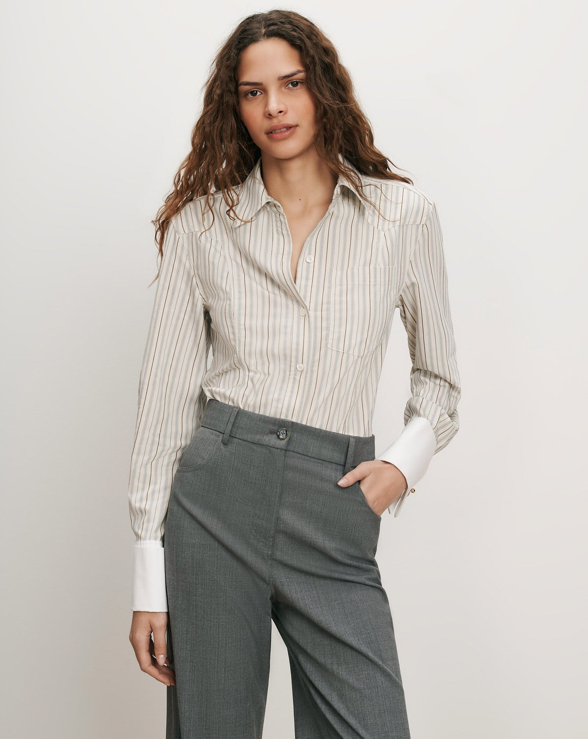 Veronica Beard | Rourke Button-Down Striped Shirt in Ecru & Blue Ecru Multi