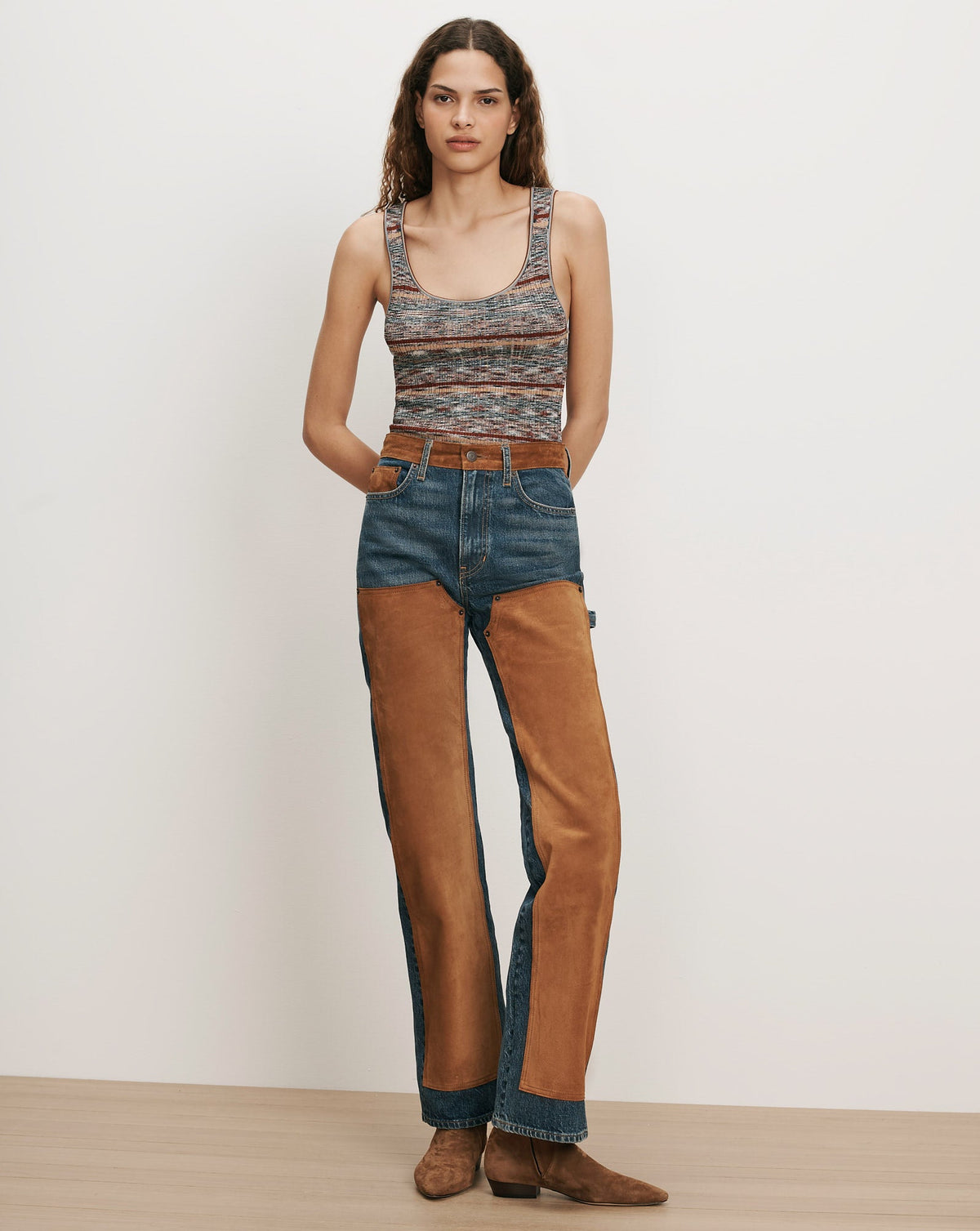 Veronica Beard | Dylan Suede Patchwork Straight-Leg Jeans in Blue Equinox Blue