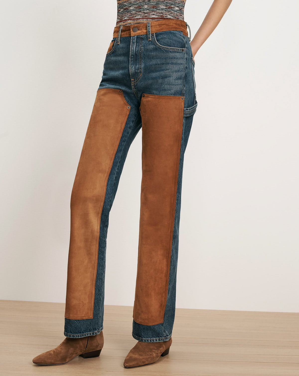 Veronica Beard | Dylan Suede Patchwork Straight-Leg Jeans in Blue Equinox Blue