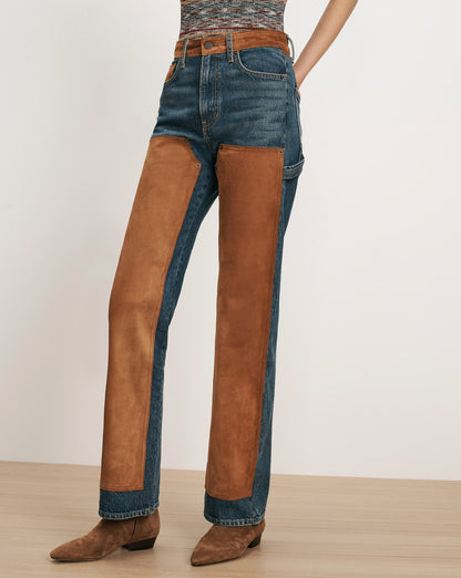 Veronica Beard | Dylan Suede Patchwork Straight-Leg Jeans in Blue Equinox Blue