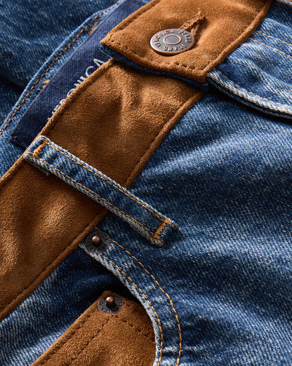 Veronica Beard | Dylan Suede Patchwork Straight-Leg Jeans in Blue Equinox Blue