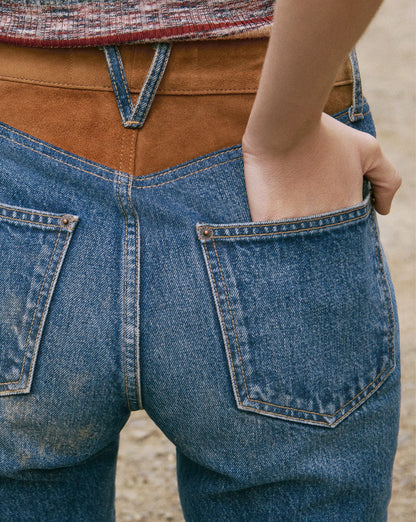 Veronica Beard | Dylan Suede Patchwork Straight-Leg Jeans in Blue Equinox Blue