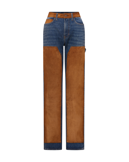 Veronica Beard | Dylan Suede Patchwork Straight-Leg Jeans in Blue Equinox Blue