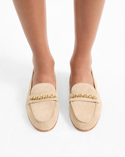 Veronica Beard | Penny Suede Chain-Link Loafer in Sand Beige Sand