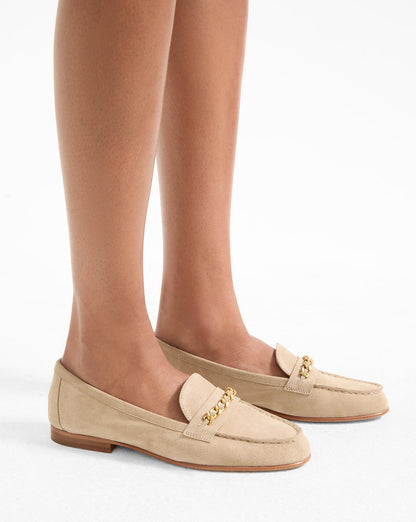 Veronica Beard | Penny Suede Chain-Link Loafer in Sand Beige Sand