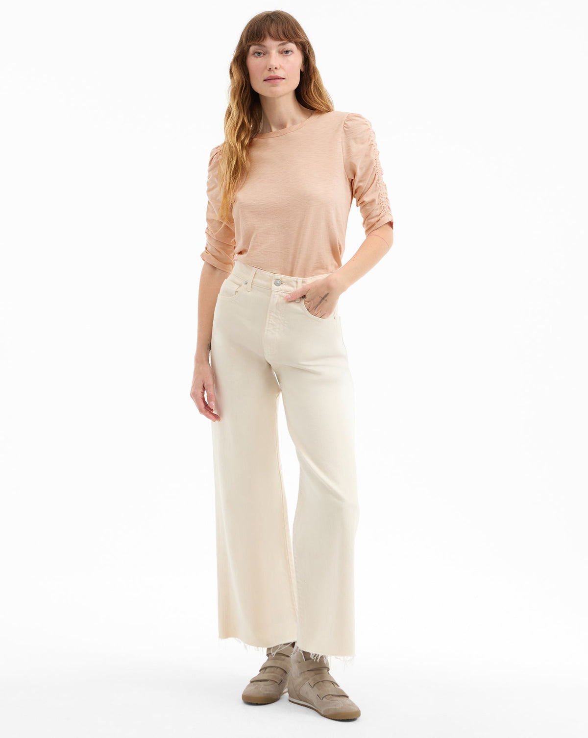 Veronica Beard | Nima High-Top Velcro Sneaker in Sand Beige Sand