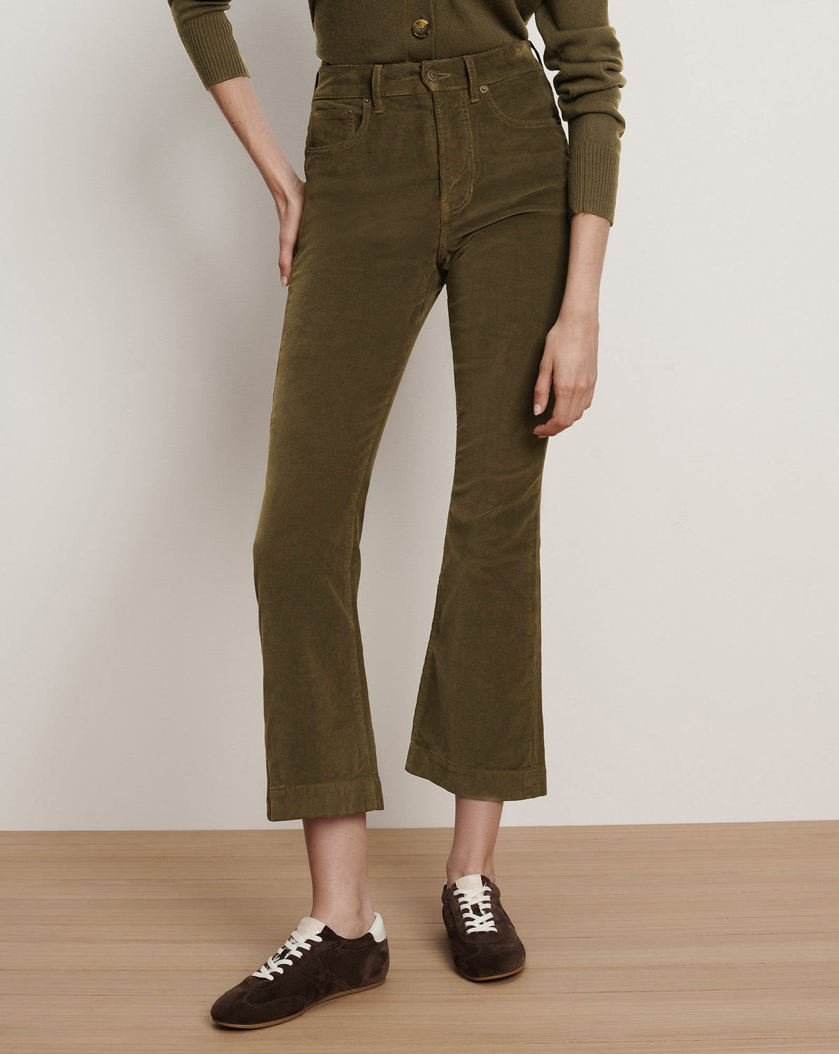 Veronica Beard | Carson Corduroy Kick-Flare Pant in Olive Green Cypress Cypress