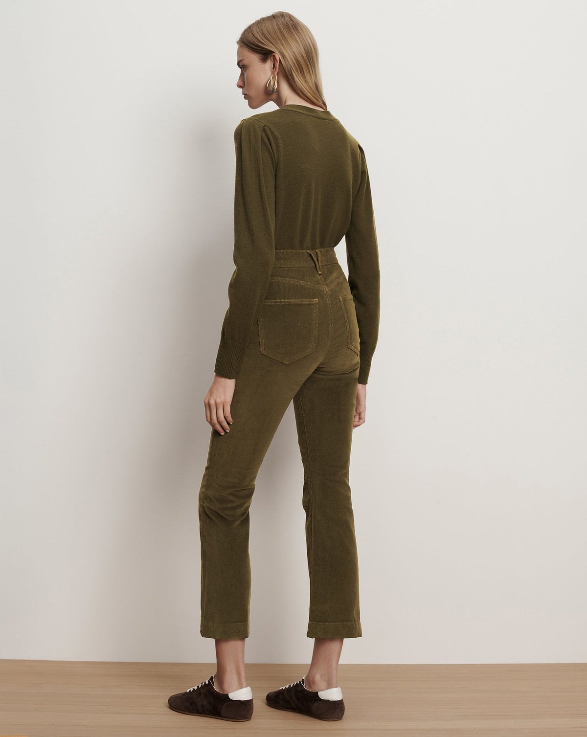 Veronica Beard | Carson Corduroy Kick-Flare Pant in Olive Green Cypress Cypress