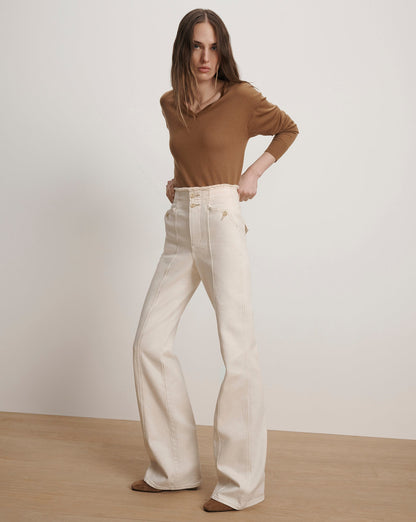 Veronica Beard | Crosbie Raw-Edge Waist Slim Wide-Leg Jean in Ecru Ecru