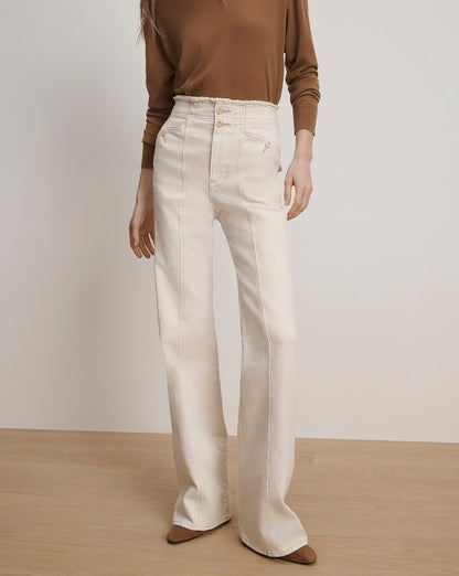 Veronica Beard | Crosbie Raw-Edge Waist Slim Wide-Leg Jean in Ecru Ecru