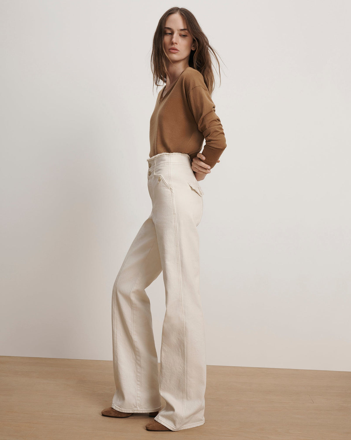 Veronica Beard | Crosbie Raw-Edge Waist Slim Wide-Leg Jean in Ecru Ecru