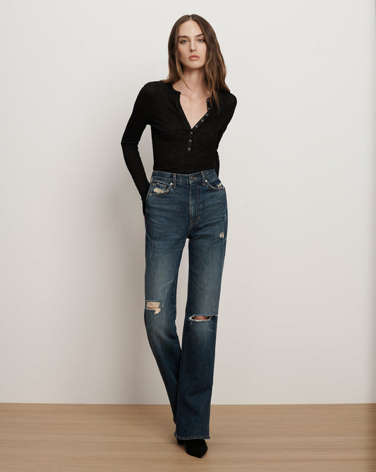 Veronica Beard | Dylan Distressed Straight-Leg Jean in Medium Wash City Lights