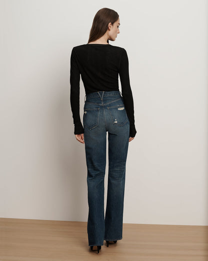 Veronica Beard | Dylan Distressed Straight-Leg Jean in Medium Wash City Lights