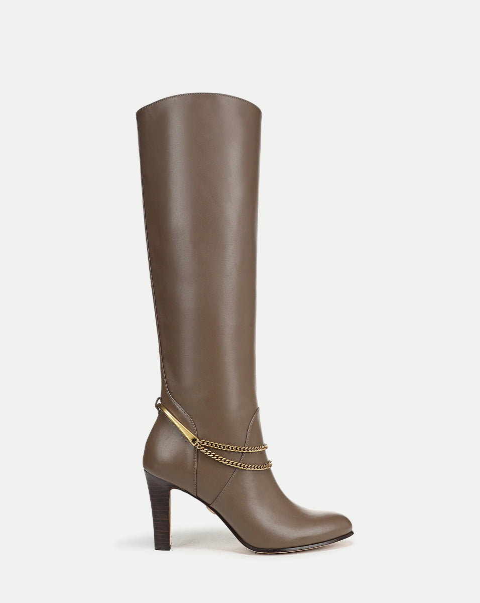 Veronica Beard | Tarian Tall Chain Boot in Taupe Leather Bark Bark