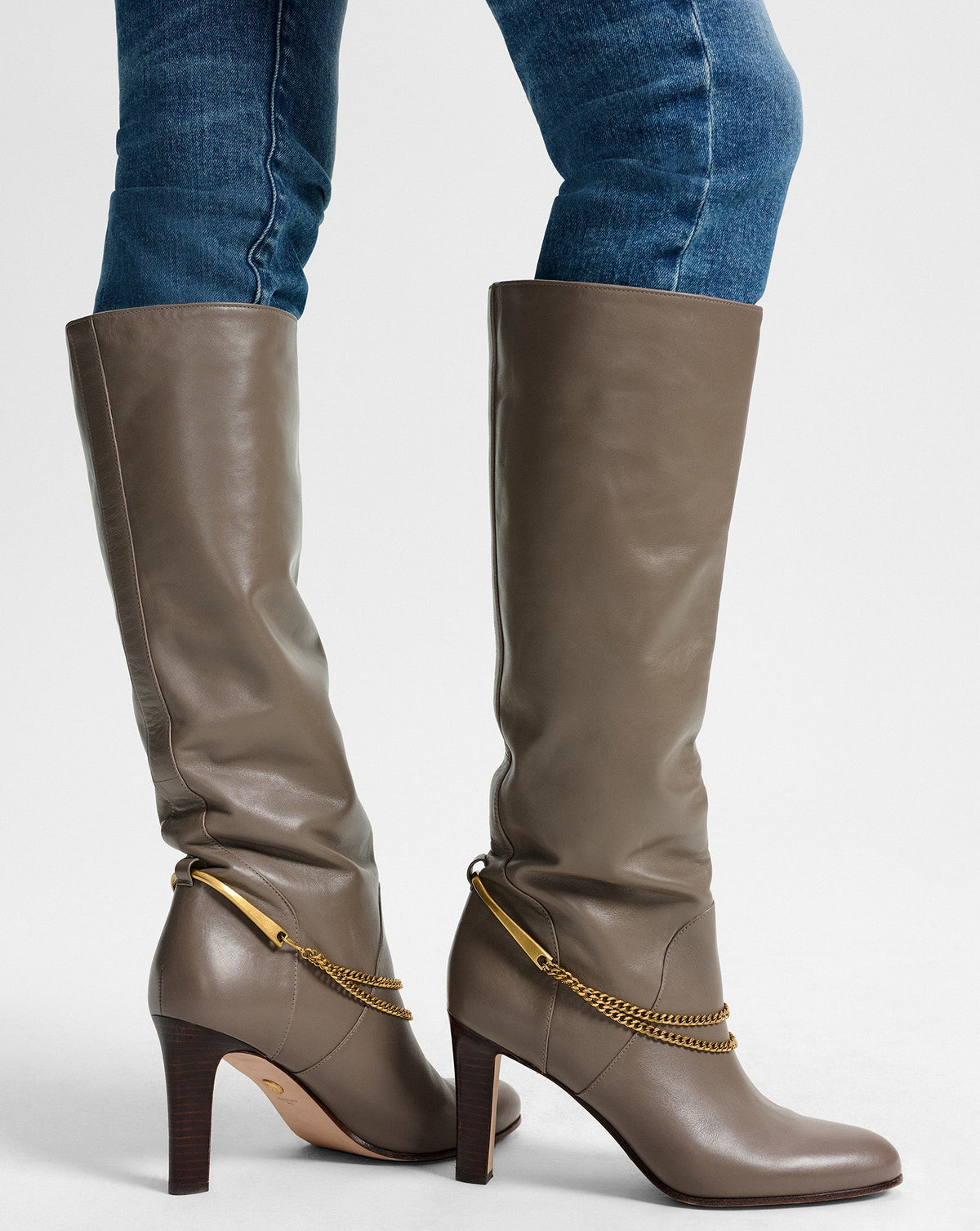 Veronica Beard | Tarian Tall Chain Boot in Taupe Leather Bark Bark