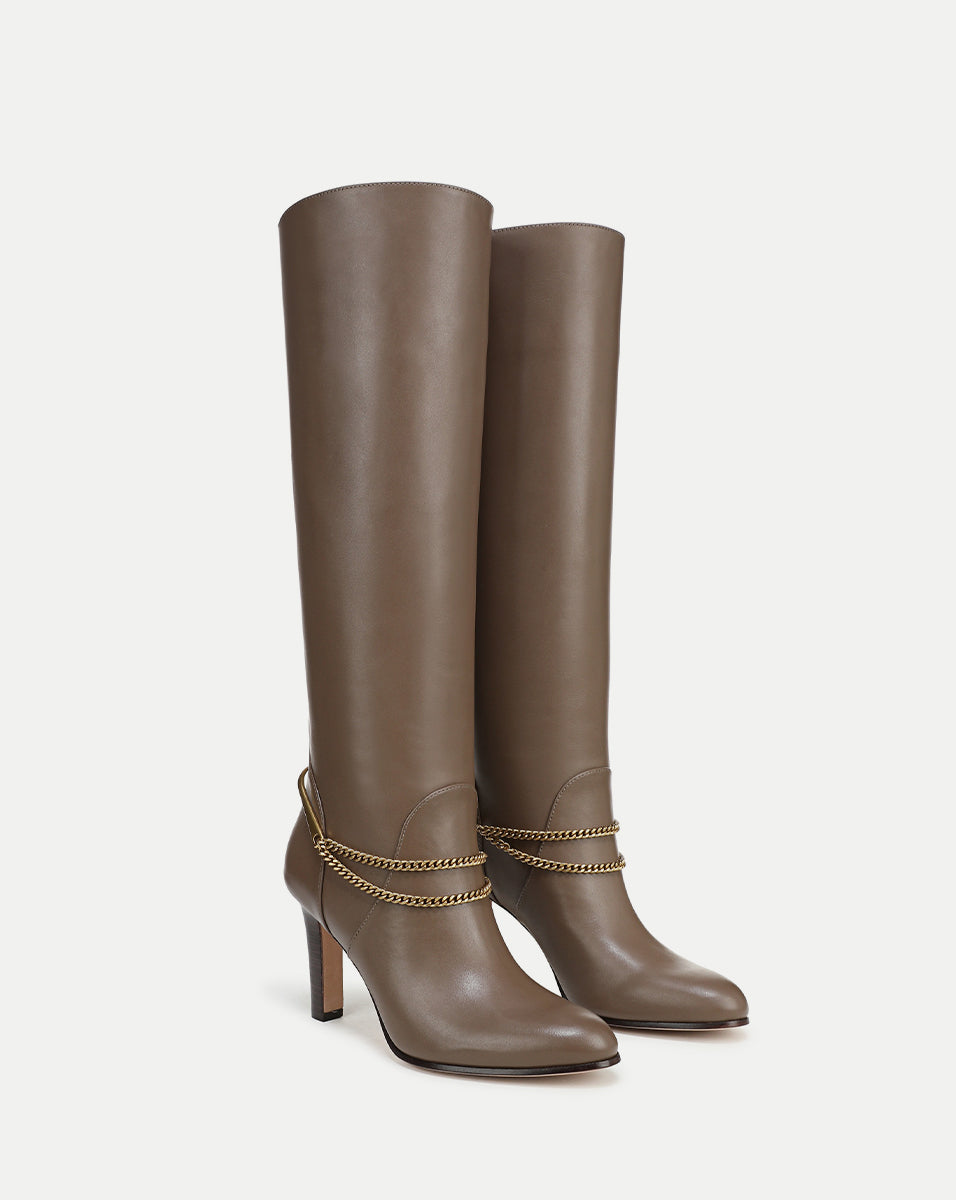 Veronica Beard | Tarian Tall Chain Boot in Taupe Leather Bark Bark