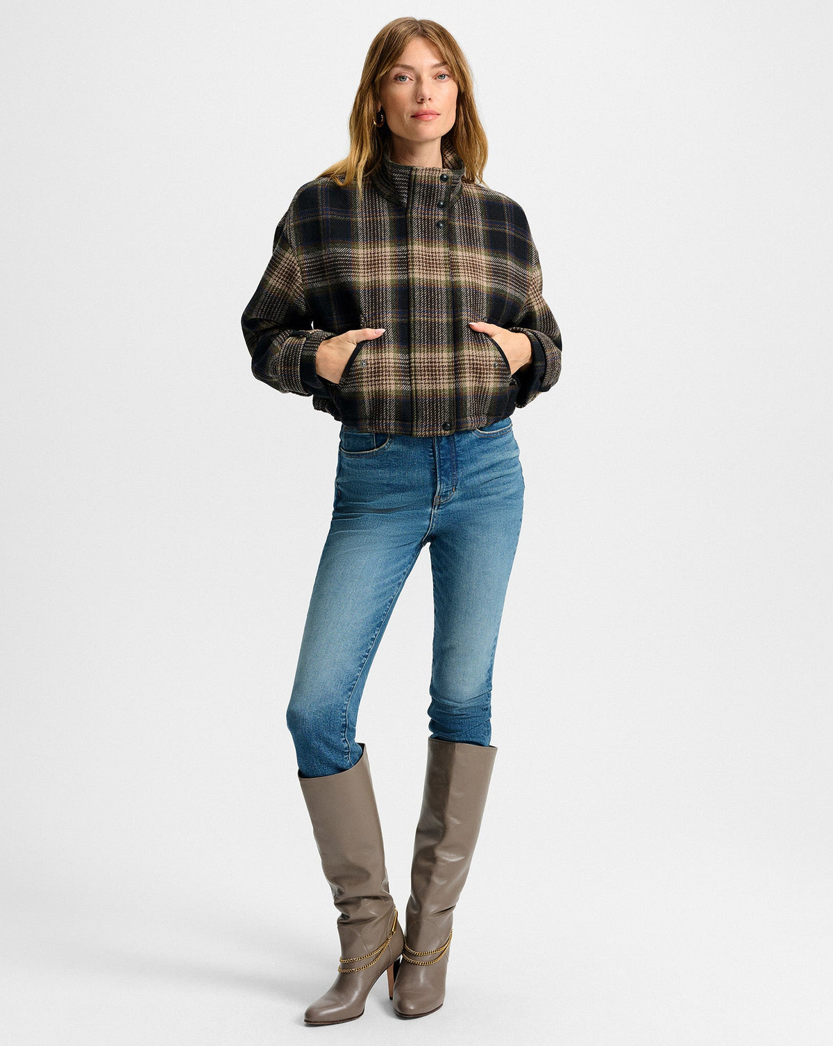 Veronica Beard | Tarian Tall Chain Boot in Taupe Leather Bark Bark