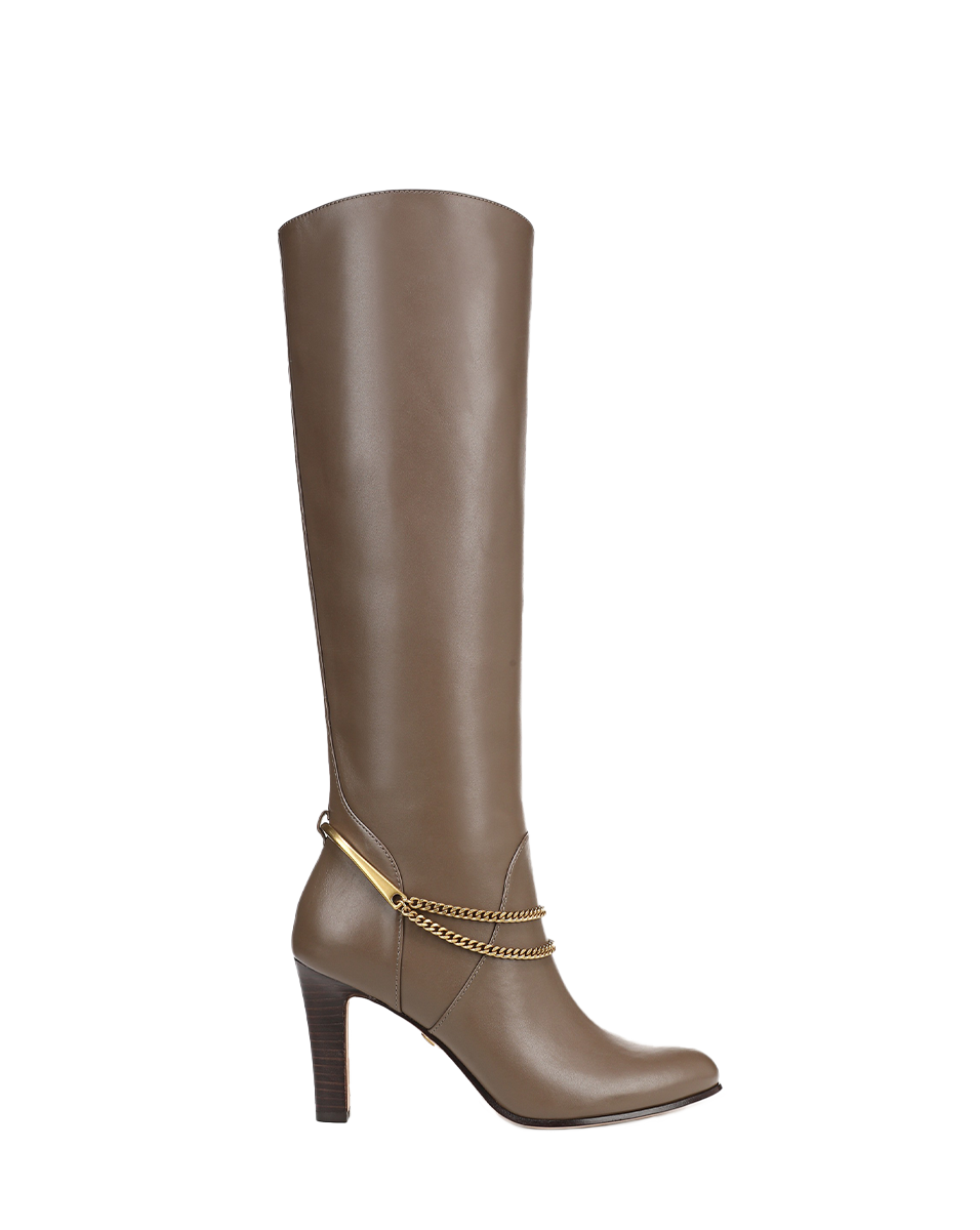 Veronica Beard | Tarian Tall Chain Boot in Taupe Leather Bark Bark