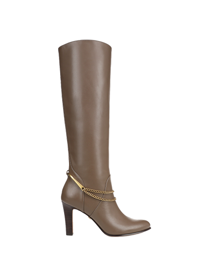 Veronica Beard | Tarian Tall Chain Boot in Taupe Leather Bark Bark