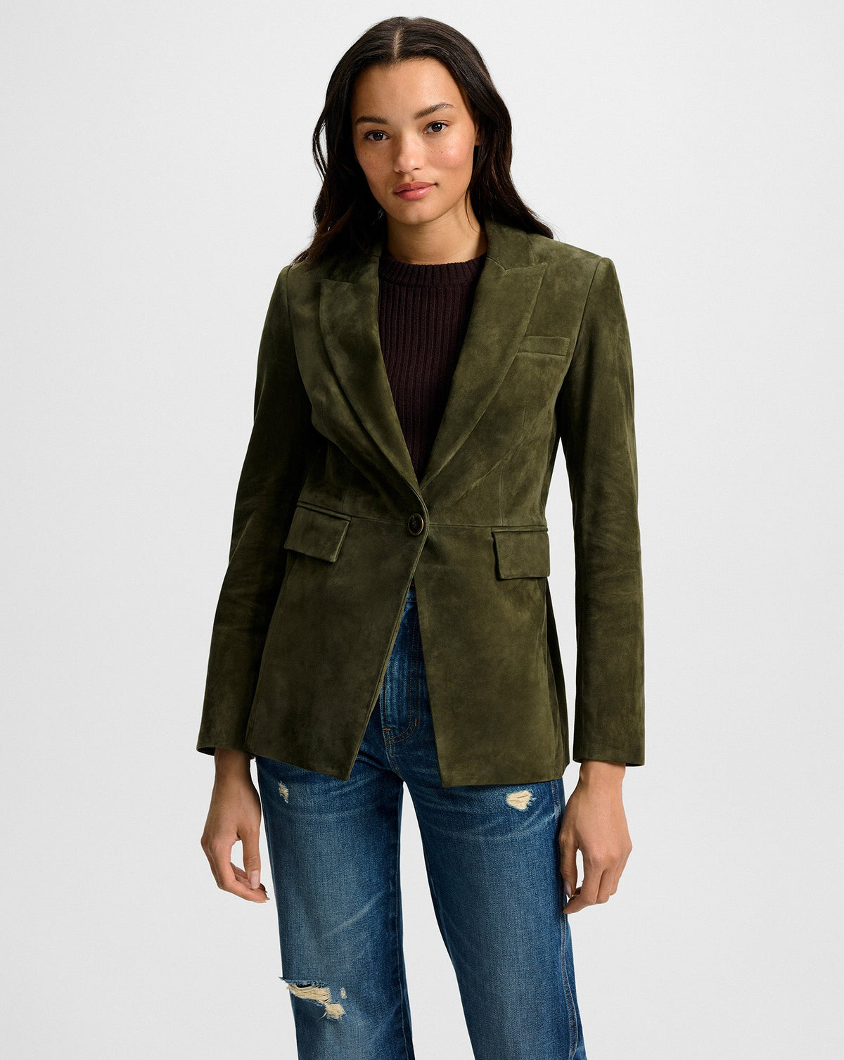 Veronica Beard | Duane Suede Dickey Jacket in Dark Green Cypress Cypress