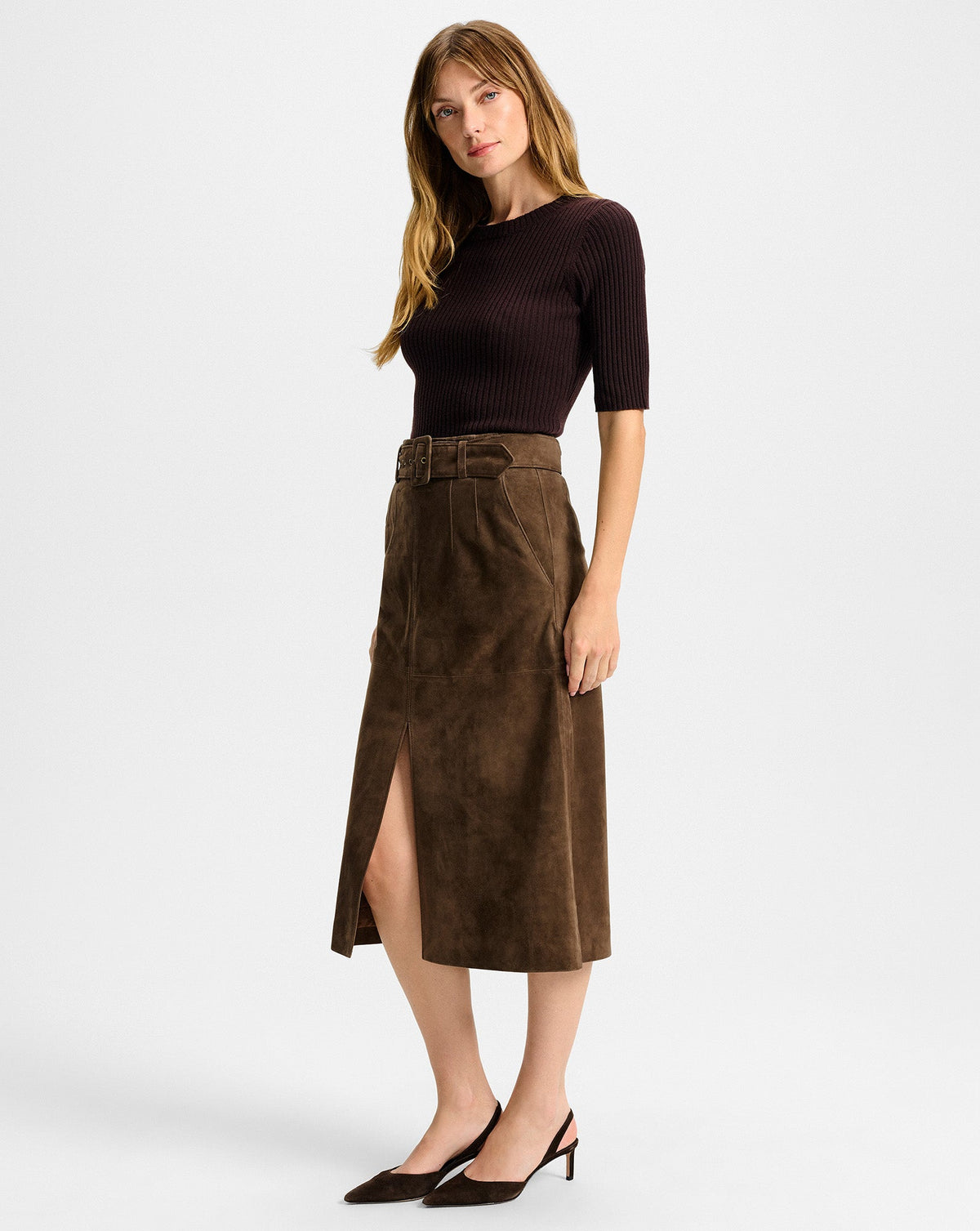 Veronica Beard | Alexie Suede Midi Skirt in Mocha Brown Mocha