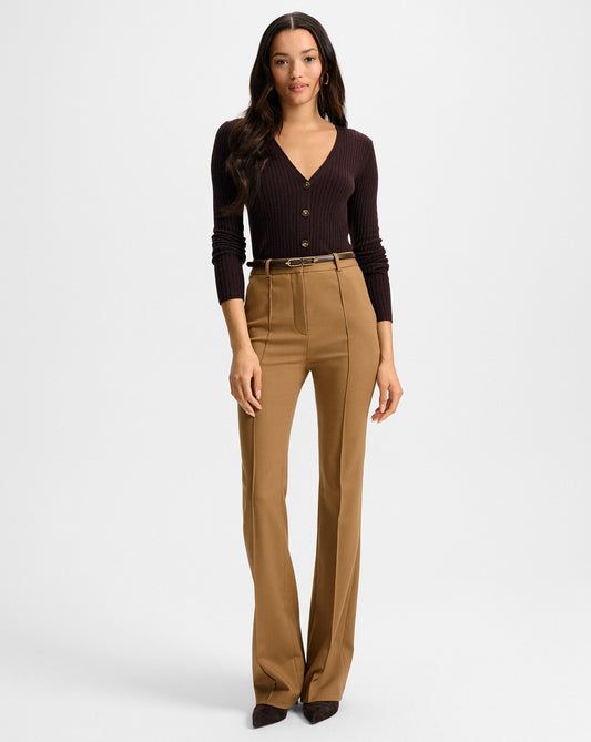 Veronica Beard | Gracie Belted Flare Pant in Tan Dark Acorn Dark Acorn