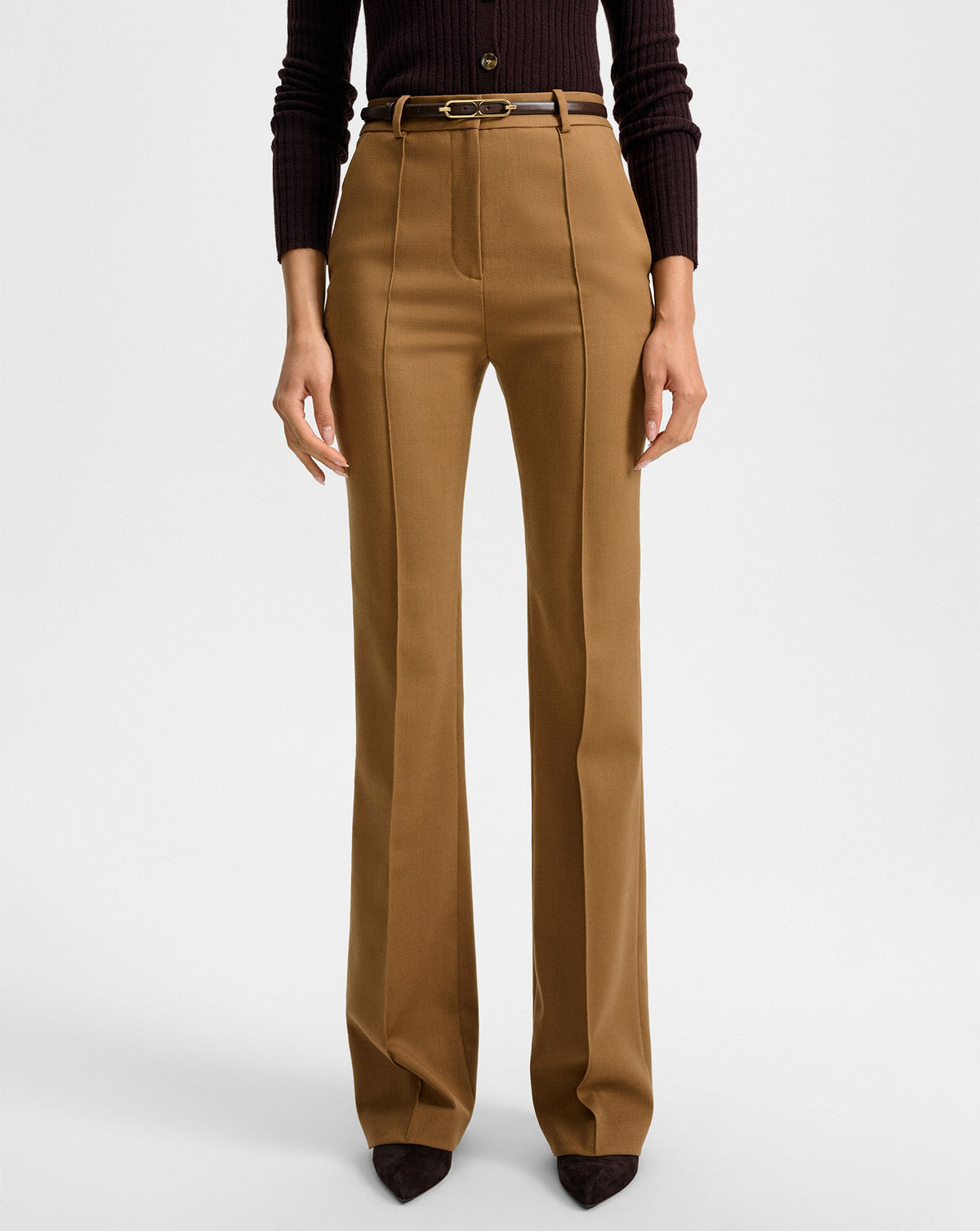 Veronica Beard | Gracie Belted Flare Pant in Tan Dark Acorn Dark Acorn
