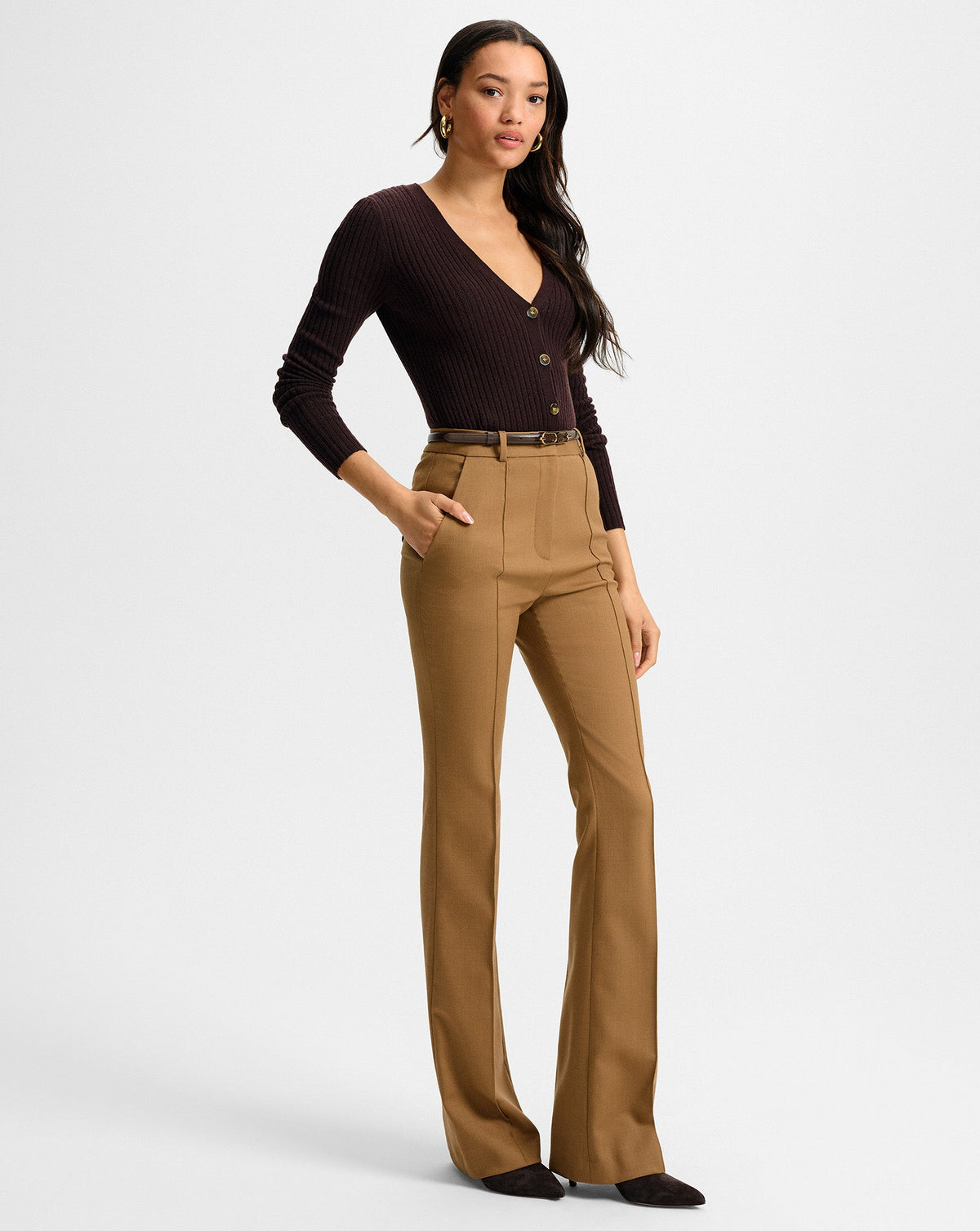 Veronica Beard | Gracie Belted Flare Pant in Tan Dark Acorn Dark Acorn