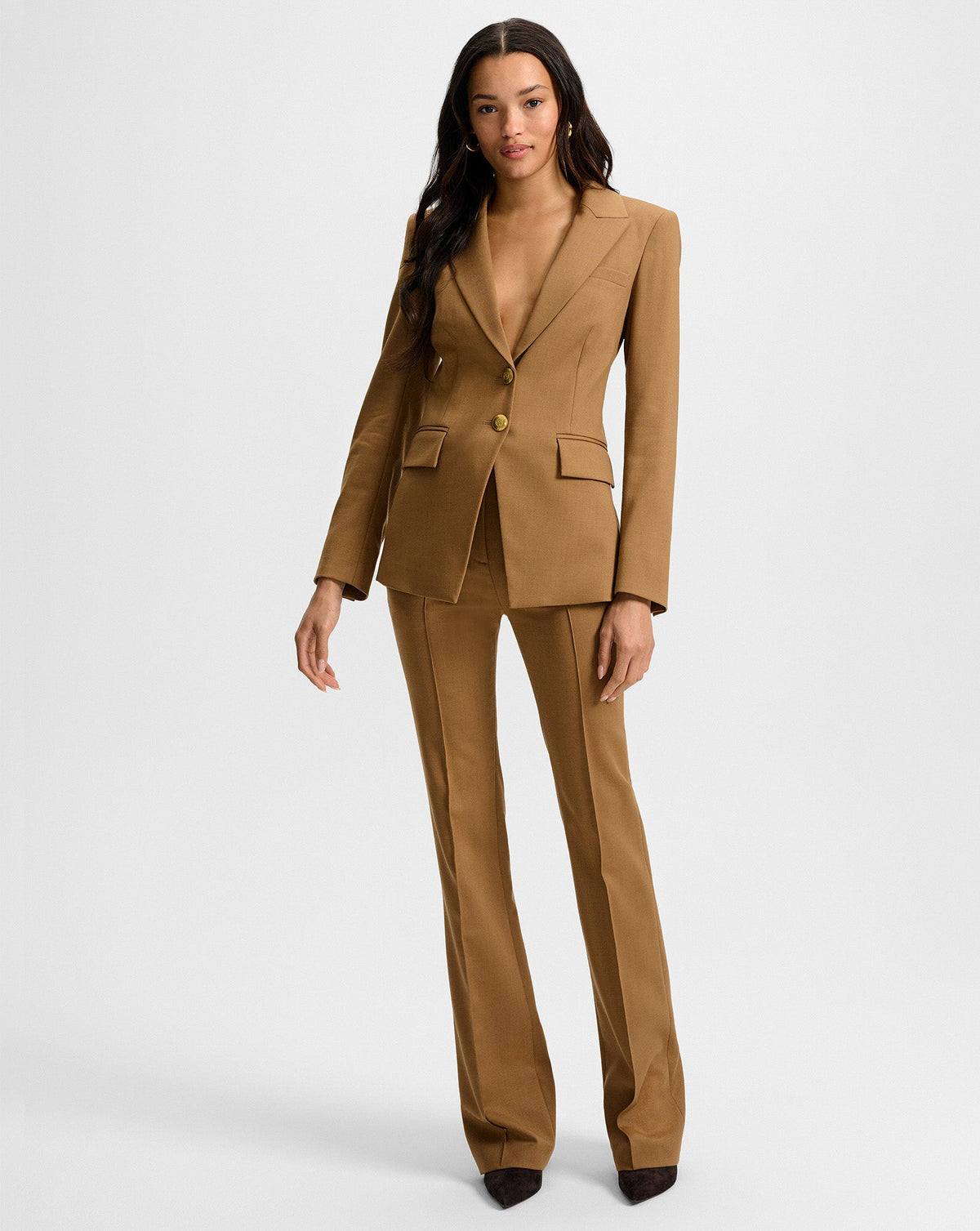 Veronica Beard | Gracie Belted Flare Pant in Tan Dark Acorn Dark Acorn