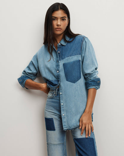 Veronica Beard | Dalma Patchwork Denim Button-Down Shirt in Time Travel Time Travel