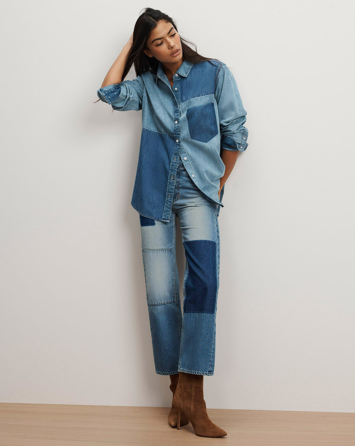 Veronica Beard | Dalma Patchwork Denim Button-Down Shirt in Time Travel Time Travel