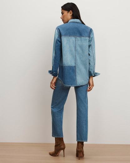 Veronica Beard | Dalma Patchwork Denim Button-Down Shirt in Time Travel Time Travel